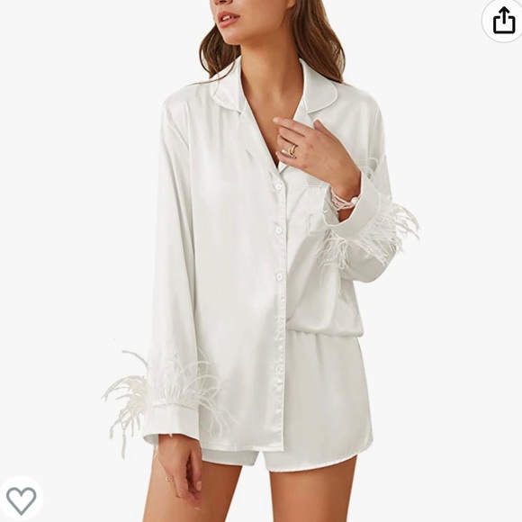 Amazon Other - Feather Trim Silk Satin Pajama Set Long Sleeve Lounge Sets Button Down Sleepwear